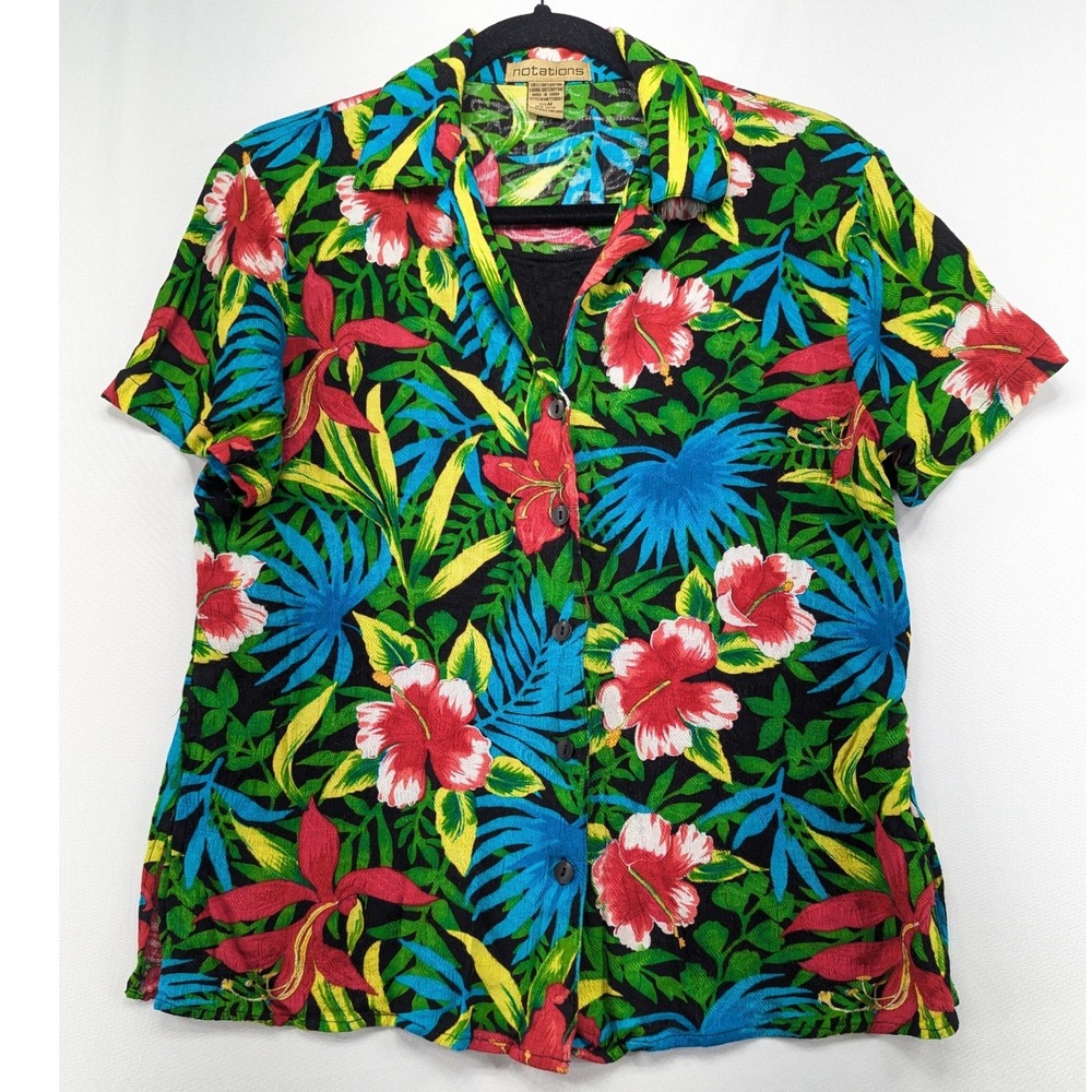 Notations Womens Tropical Floral Rayon Button Up Shirt Multicolor M
